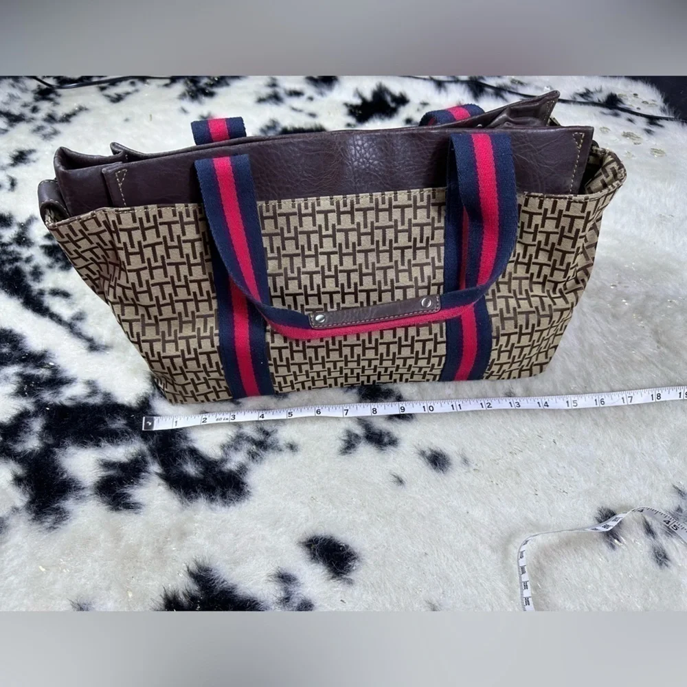 Tommy Hilfiger Women’s Y2K Vintage Brown and Red Large Canvas Monogram Tote Bag